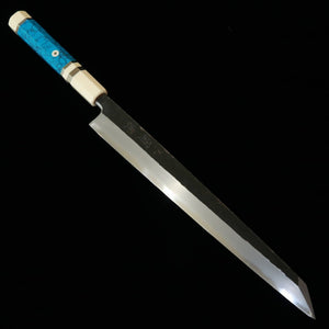 MIURA Itadaki Miura Itadaki – Giichi Tanaka Kiritsuke yanagiba Shirogami n°2, kuro-uchi, manche en turquoise blanc (270 mm)