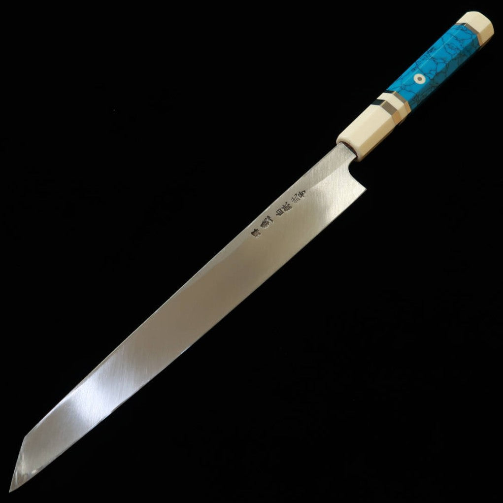 三浦頂MIURA Itadaki 田中義一 切付柳刃 白紙二号 黒打ち ホワイトターコイズハンドル（270mm）