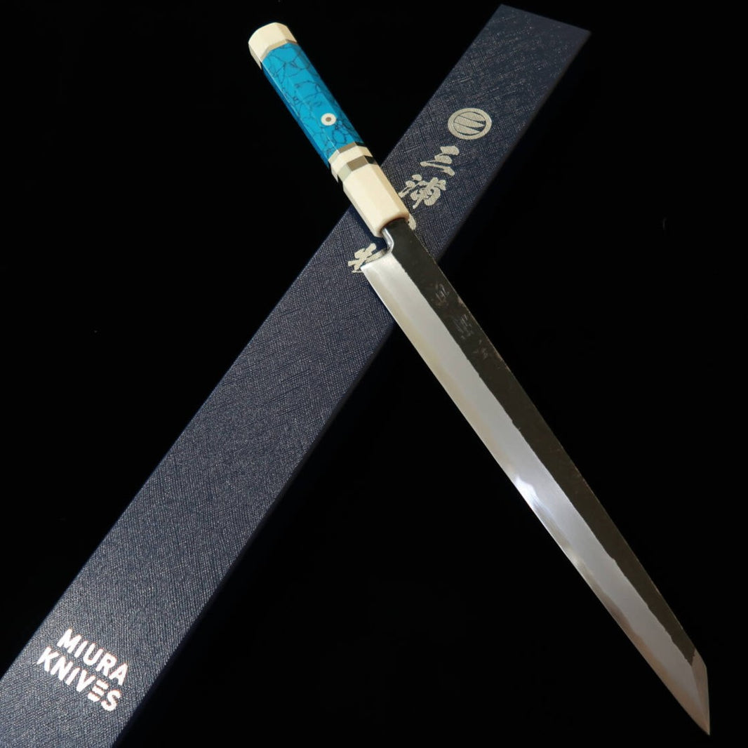 三浦頂MIURA Itadaki 田中義一 切付柳刃 白紙二号 黒打ち ホワイトターコイズハンドル（270mm）