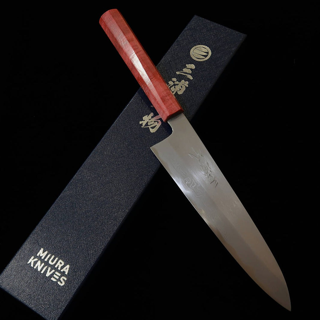 三浦佩MIURAObidama 牛刀 青紙一号 ダマスカス レッドスタビライズハンドル（210mm）