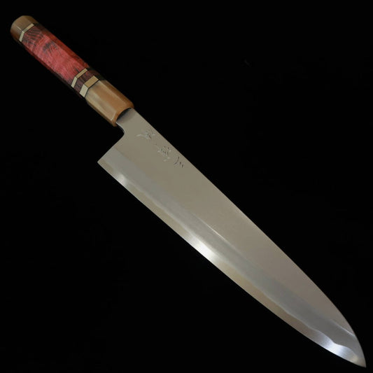 MIURA Obidama Single Bevel Gyuto, Shirogami No. 2 Bokashi Finish with Red Brown Stabilized Wood Handle (240mm)