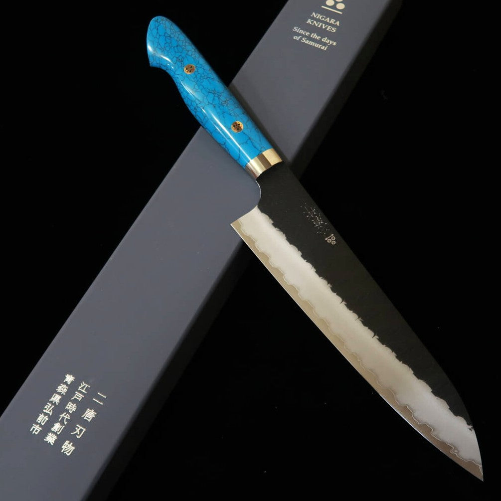 二唐刃物鍛錬所NIGARA  牛刀 SG2 黒打 鎚目 ターコイズハンドル（210/240mm）