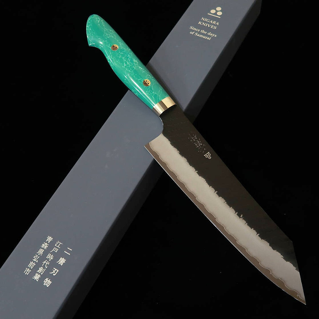 二唐刃物鍛錬所NIGARA 切付牛刀 SG2 黒打 鎚目 ターコイズハンドル