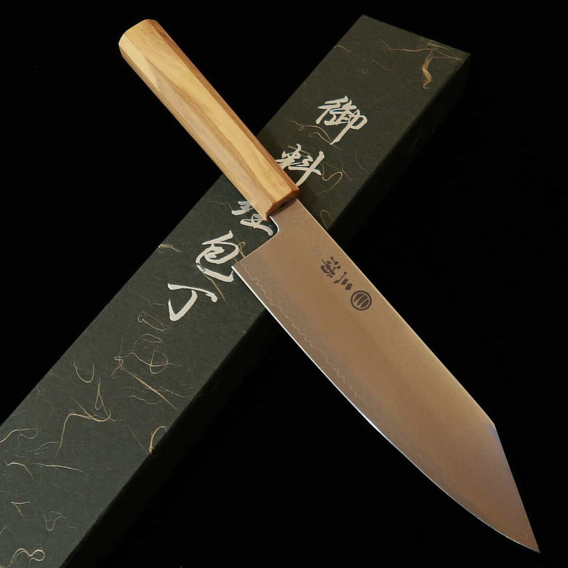 三浦 MIURA 切付三徳 VG10  全面ダマスカス オリーブ一体型柄（180mm）