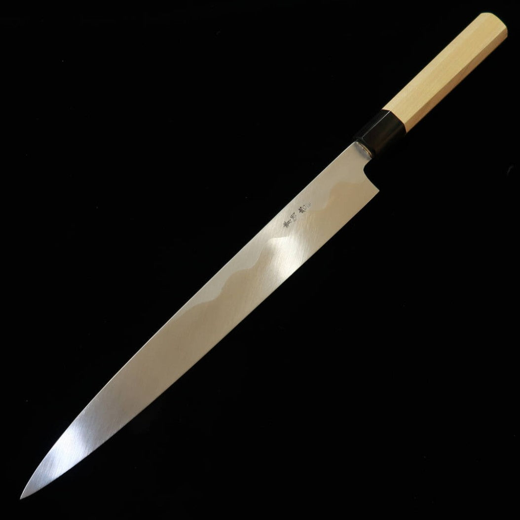 MIURA Itadaki 三浦頂, obra de Yoshikazu Tanaka, yanagiba, acero Aogami #1, mango octogonal de ho (300 mm)