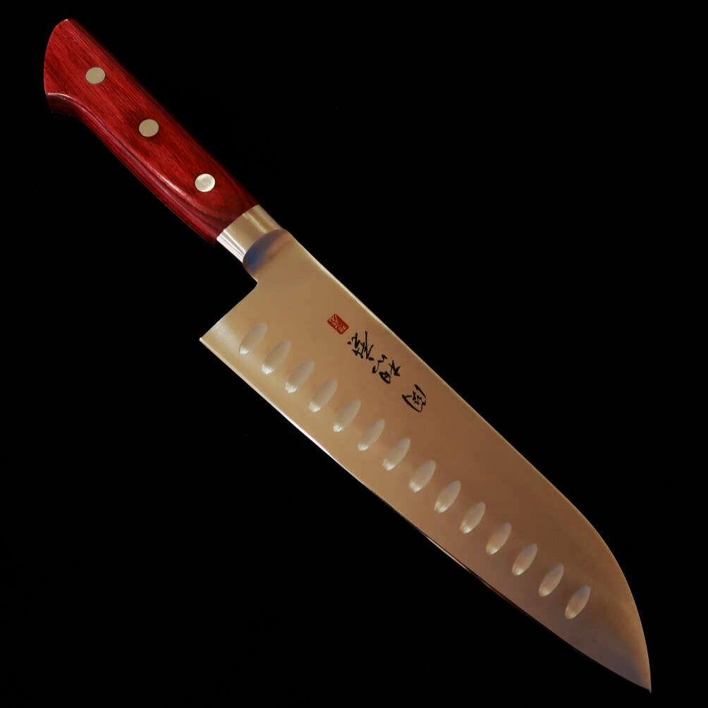 Santoku SEKI SOUMA molibdeno, acabado con alveolos, mango de madera contrachapada roja (180mm)