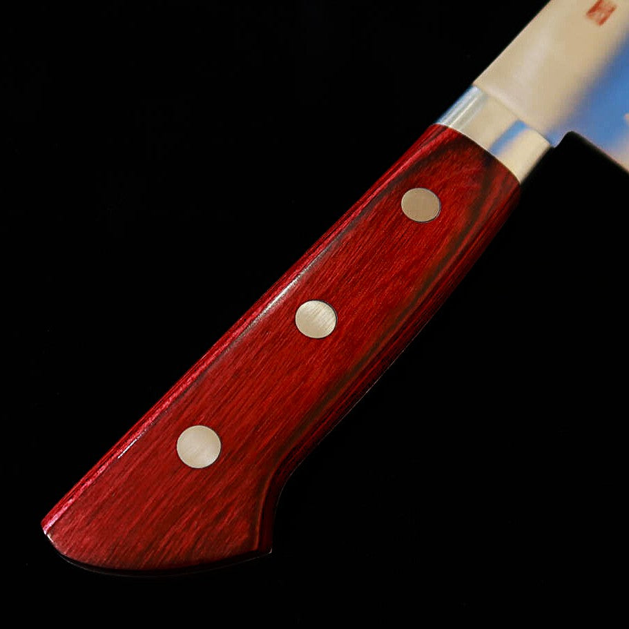 Gyuto SEKI SOUMA molibdeno con mango de madera contrachapada roja con hoyuelos (210/240 mm)
