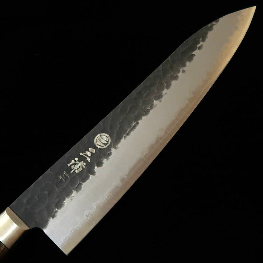三浦 MIURA 牛刀 青紙スーパー 黒鎚目 鍔付焦茶ハンドル (210mm