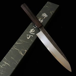 Shirasagi Faca Gyuto de um só fio Aogami #2 acabamento preto martelado cabo integral de ébano (210 mm)