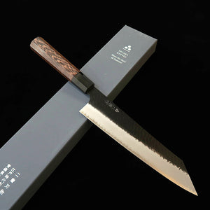 Cuchillo gyuto estilo kiritsuke NIGARA, acero SG2, acabado negro martillado, mango octogonal de wengué (240 mm)