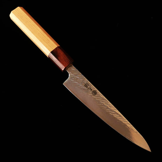 Miura Ginsan Petty Knife, Rope Pattern Damascus with Keyaki Octagonal Handle (135mm)