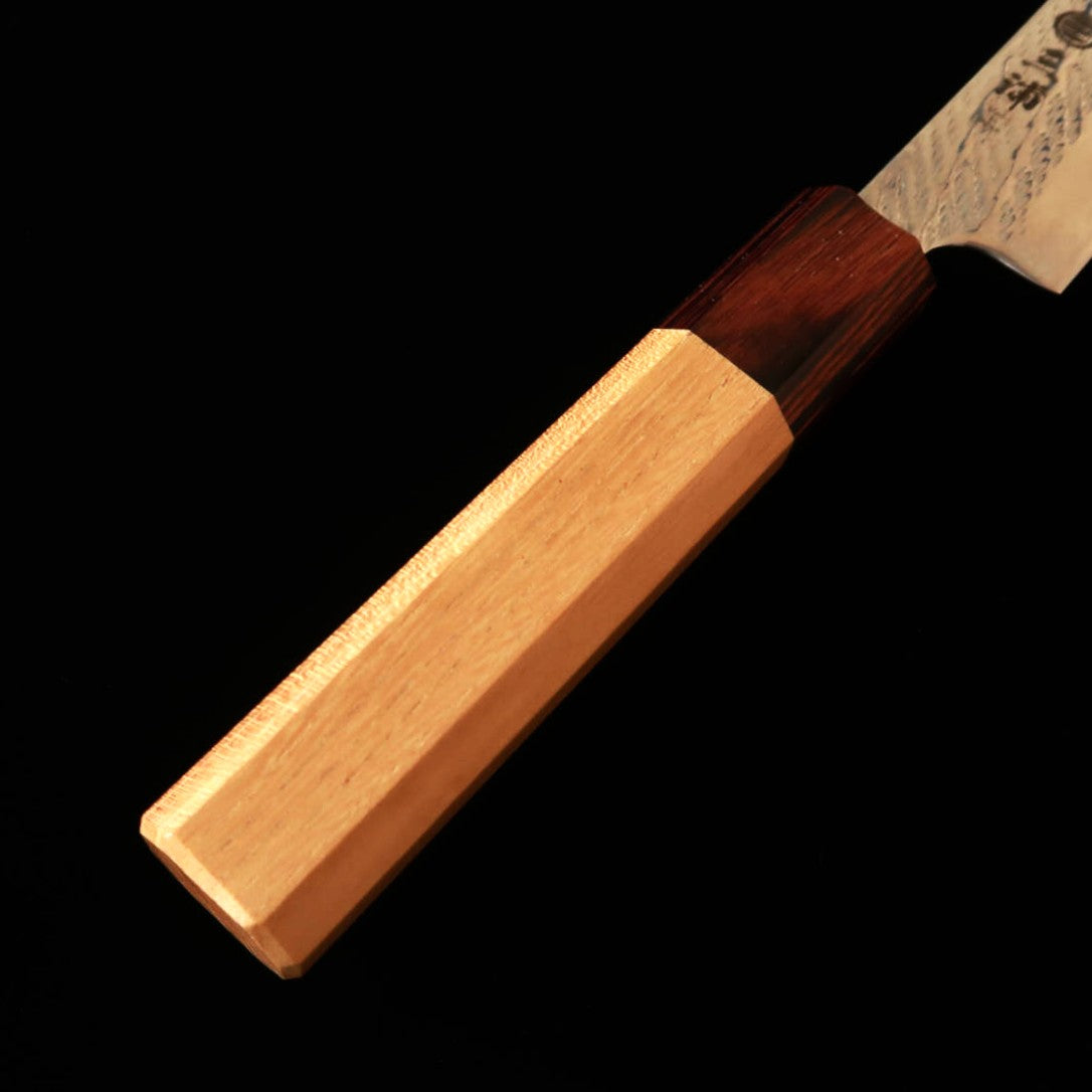 Miura Ginsan Petty Knife, Rope Pattern Damascus with Keyaki Octagonal Handle (135mm)