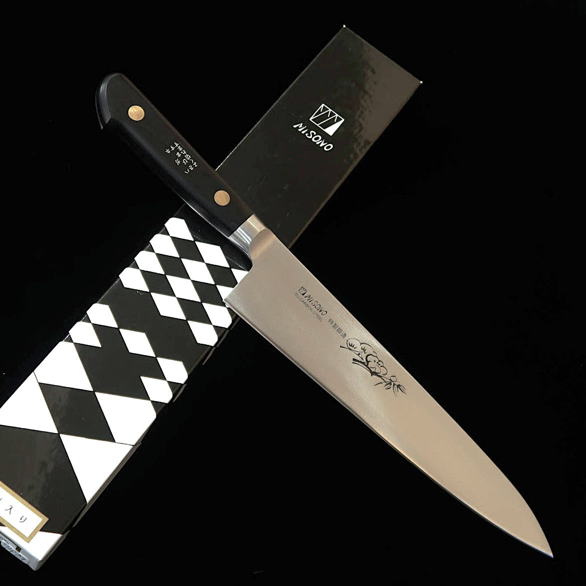 ミソノMISONO 牛刀 EUカーボン 花彫刻入り 黒合板柄 （210mm）