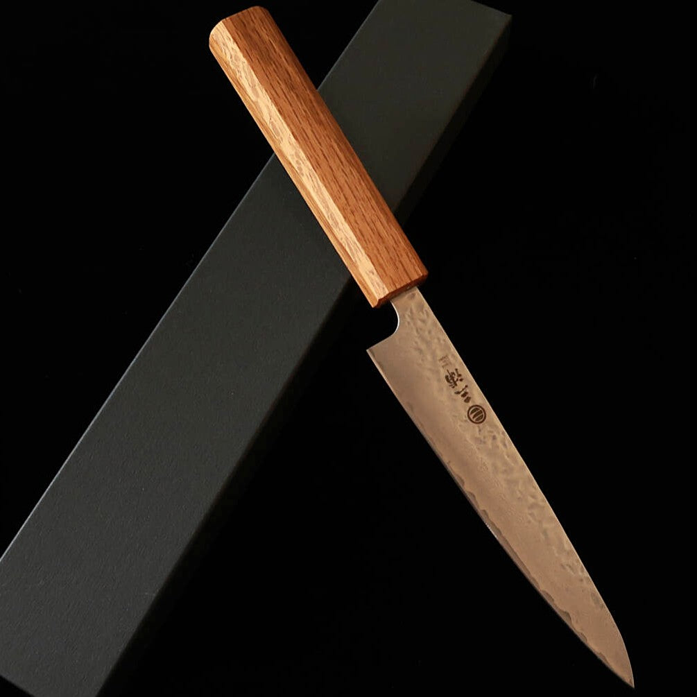 Miura Petty Knife AUS10 (10A) Hammered Damascus Clear Oak Octagonal Handle (135mm)