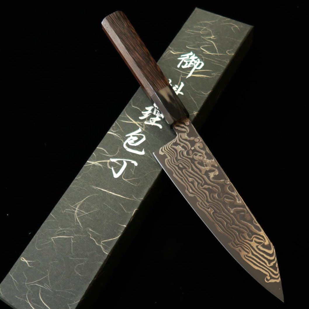 HATSUKOKORO Fusen Kiritsuke Santoku, Ginsan (Silver Steel No. 3) Black Oxidized Damascus with Wenge Octagonal Handle (170mm)