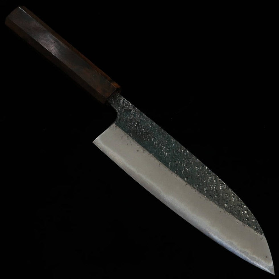 TOSA MUNEISHI, Santoku, Blue Steel No. 2, Hammered and Kurouchi Finish with Ebony Octagonal Handle (165mm)