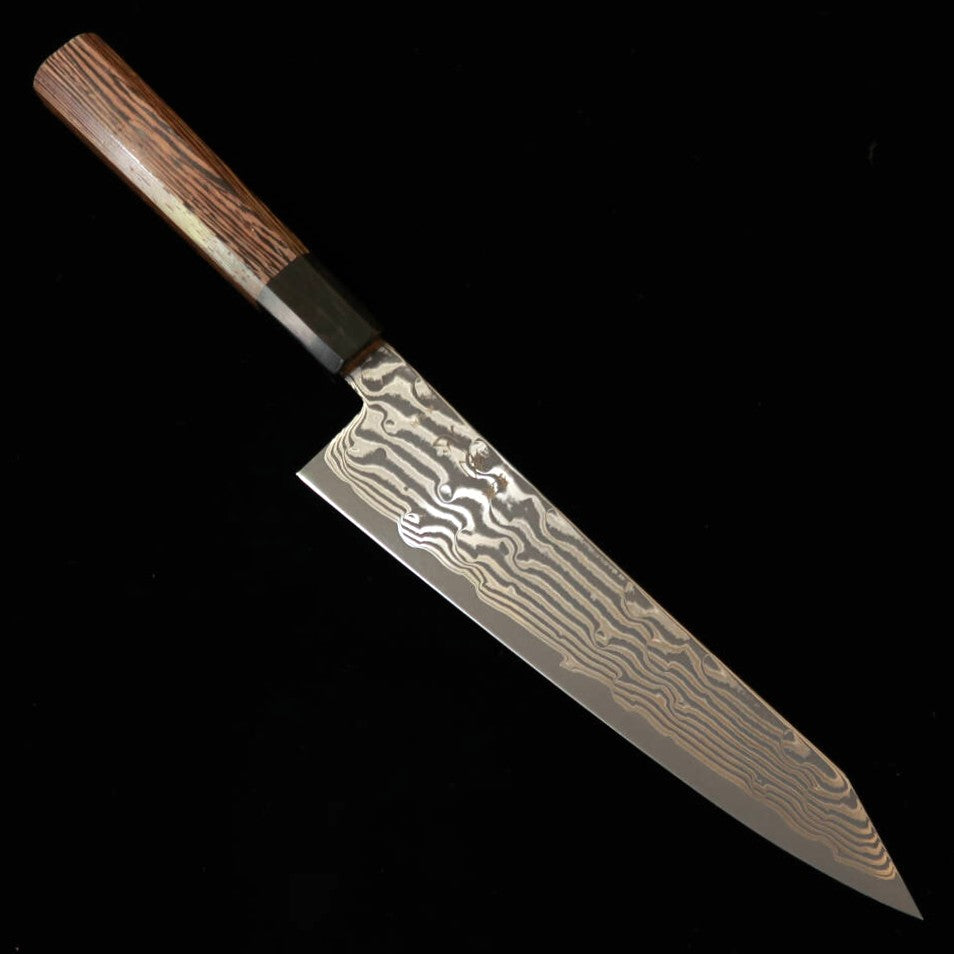 HATSUKOKORO Fusen Kiritsuke, Ginsan (Silver Steel No. 3) Black Oxidized Damascus with Wenge Octagonal Handle (210mm)