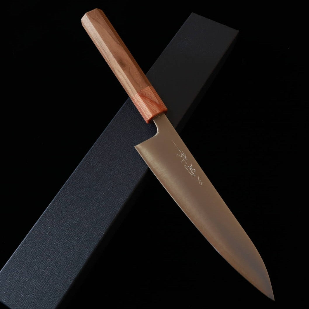 Gyuto MIURA Aogami Super, acabado pulido, mango octagonal de madera de castaña (180mm)