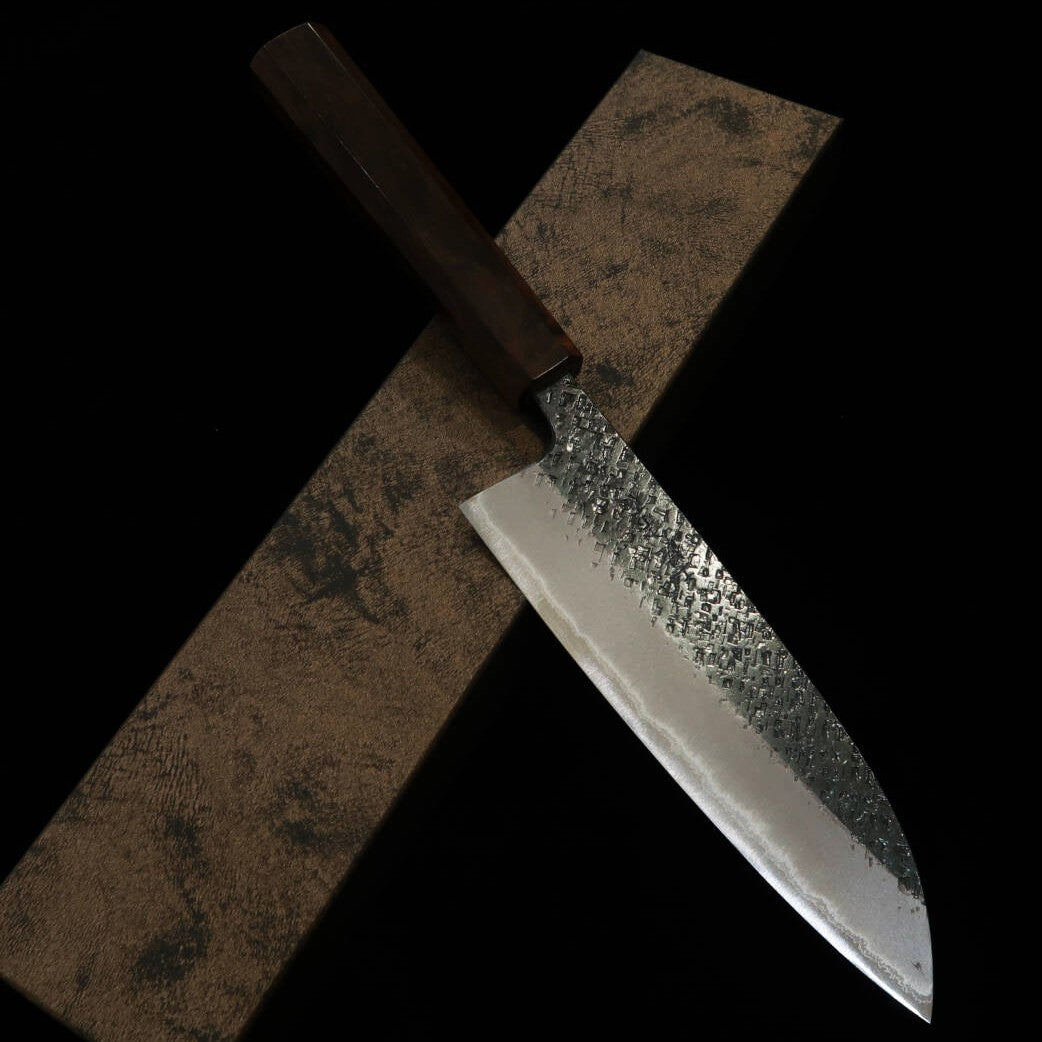 TOSA MUNEISHI, Santoku, Blue Steel No. 2, Hammered and Kurouchi Finish with Ebony Octagonal Handle (165mm)