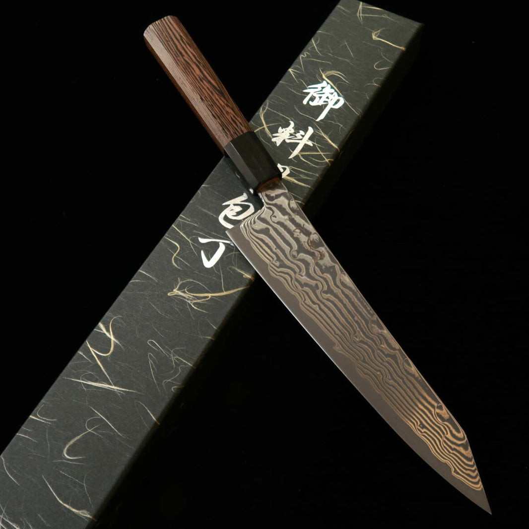 HATSUKOKORO Fusen Kiritsuke, Ginsan (Silver Steel No. 3) Black Oxidized Damascus with Wenge Octagonal Handle (210mm)