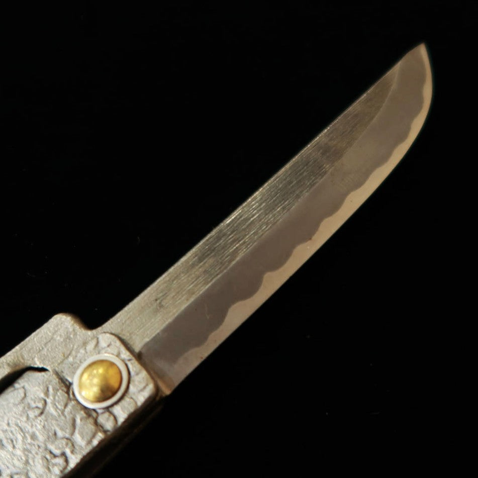 Tomita Sakuzo Higo Pocket Knife, Soft Iron Forged, Extra Large Sword Shape, File Finish with Paulownia Box and Pouch (90mm)