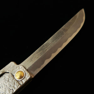 Tomita Sakuzo Higo Pocket Knife, Soft Iron Forged, Extra Large Sword Shape, File Finish with Paulownia Box and Pouch (90mm)