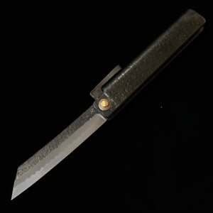 TOMITA SAKUZO Higo Pocket Knife, Soft Iron Forged, Extra Large Knife Shape, Kurouchi Hammered Finish with Paulownia Box and Pouch (90mm)