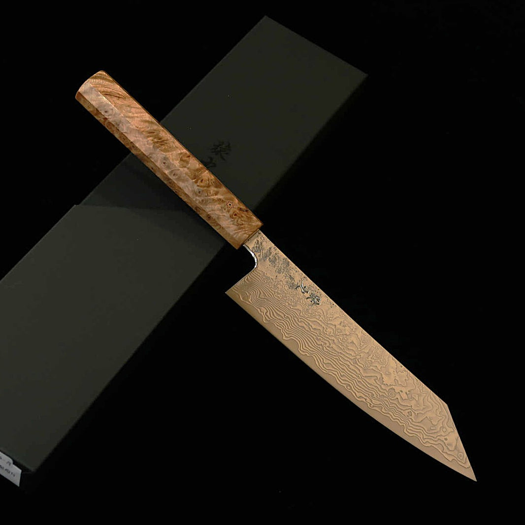 猿九 ENKYU 切付三徳 焔雲シリーズ SG2 ダマスカス 花梨瘤八角柄（165/180ｍｍ）