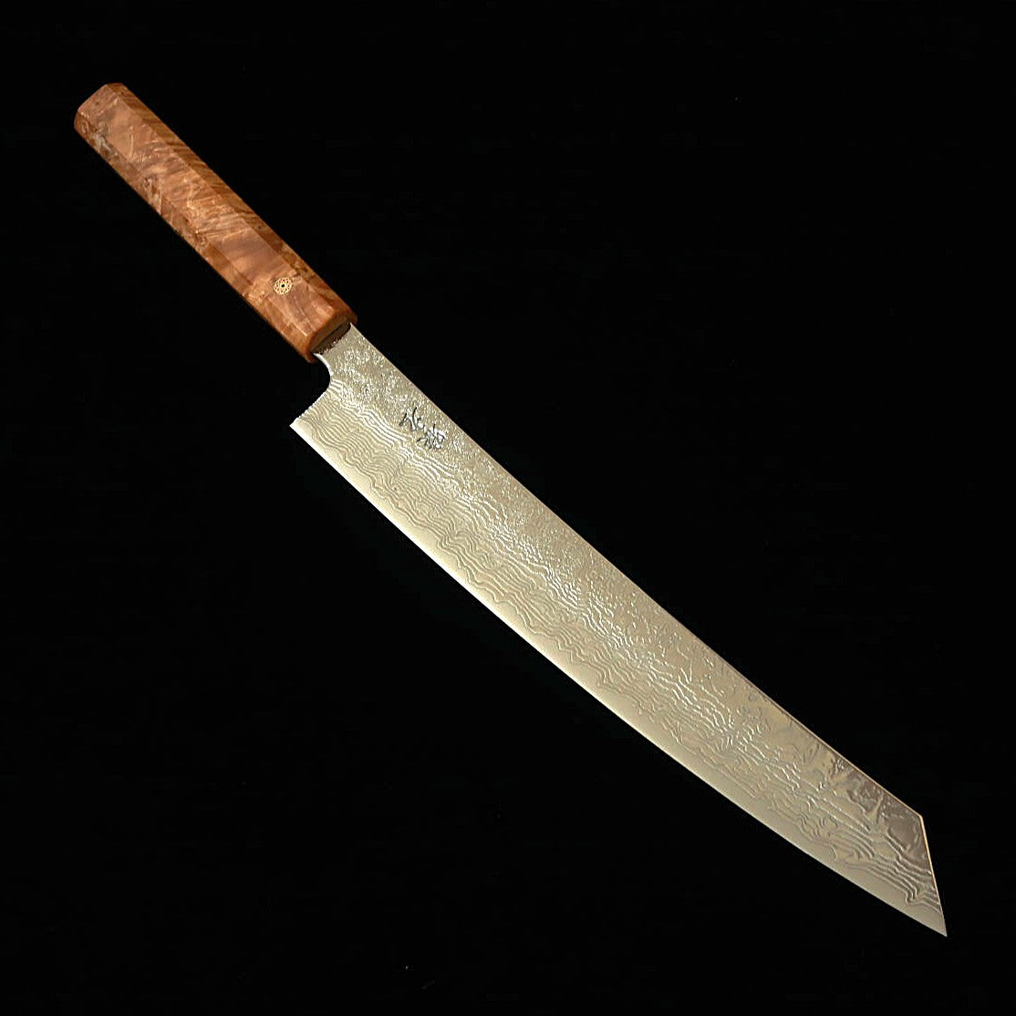猿九 ENKYU 切付筋引 焔雲シリーズ SG2 ダマスカス 花梨瘤八角柄　（270ｍｍ）