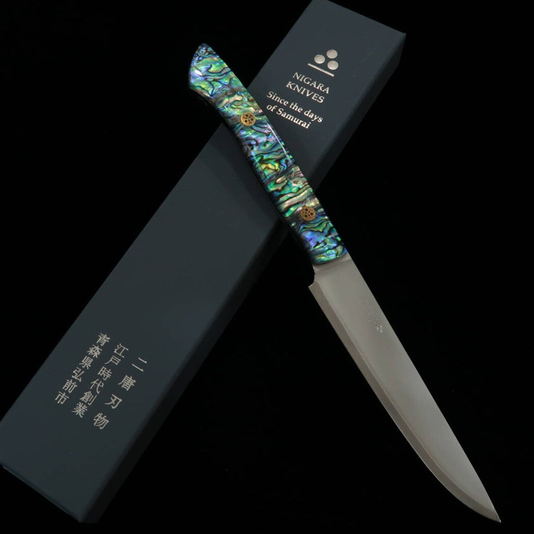 NIGARA forja de cuchillos, cuchillo para bistec SG2 mango con incrustaciones de nácar (130 mm)