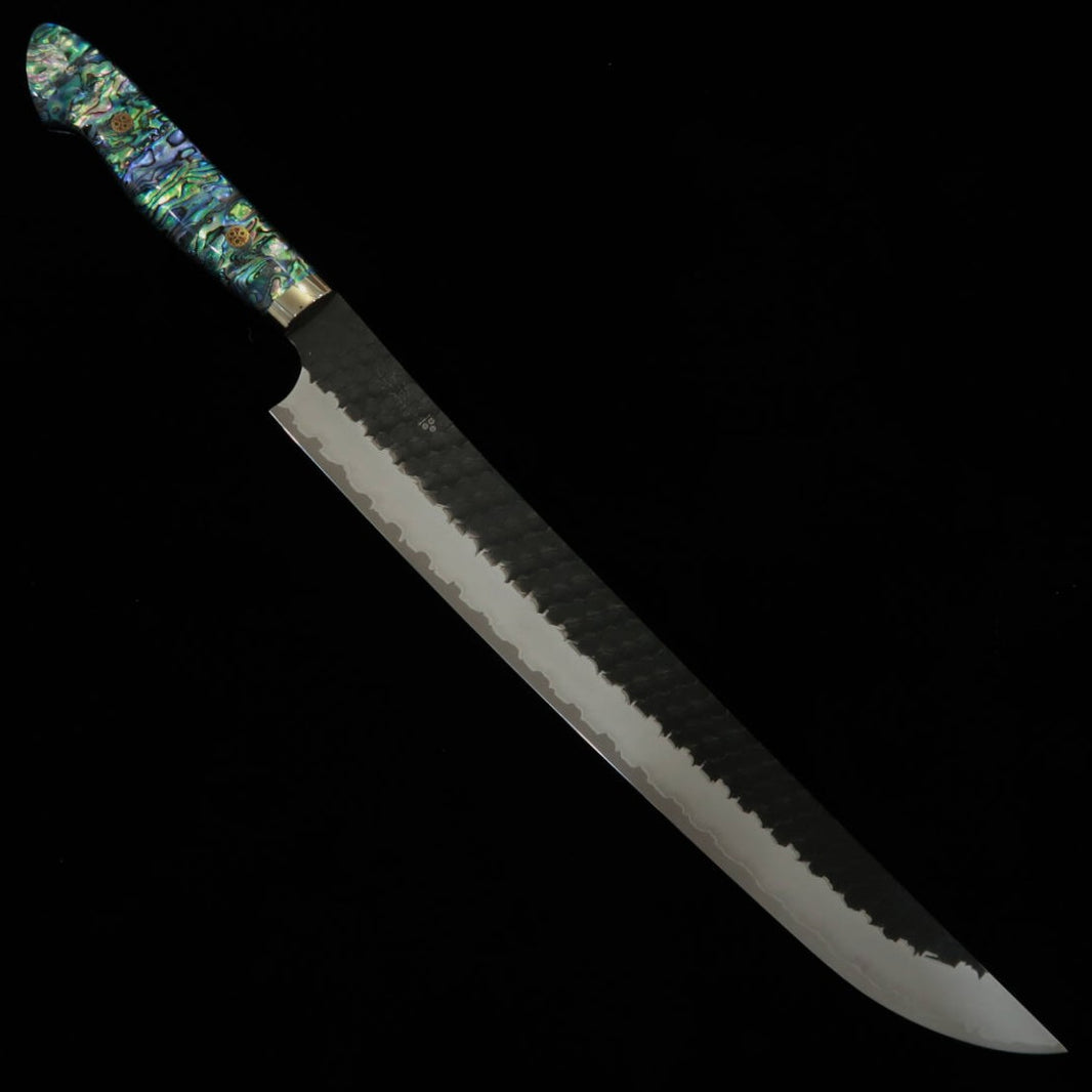 NIGARA Cuchillo sujihiki punta redondeada SG2 Kurouchi martillado Mango con incrustaciones de nácar (270/300 mm)