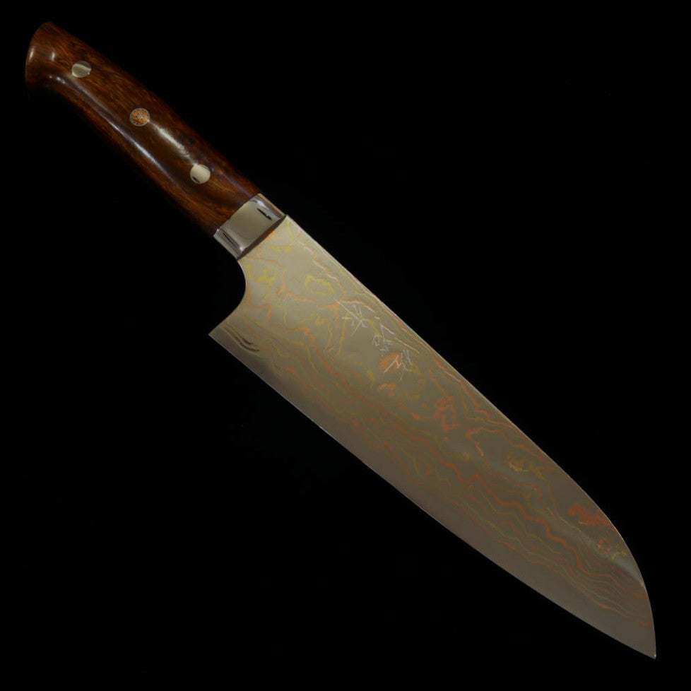 佐治武士SAJI TAKESHI 青二鋼 有色ダマスカス 三徳 アイアンウッドハンドル (180mm)