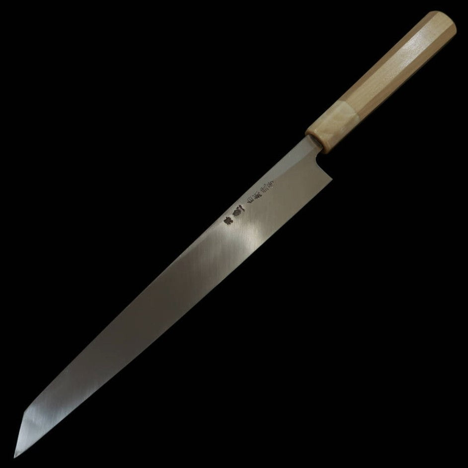 MIURA Itadaki Tanaka Yoshikazu Yanagiba tipo kiritsuke acero blanco nº 2 acabado negro mango octogonal de magnolia y cuerno de búfalo blanco (270/300 mm)