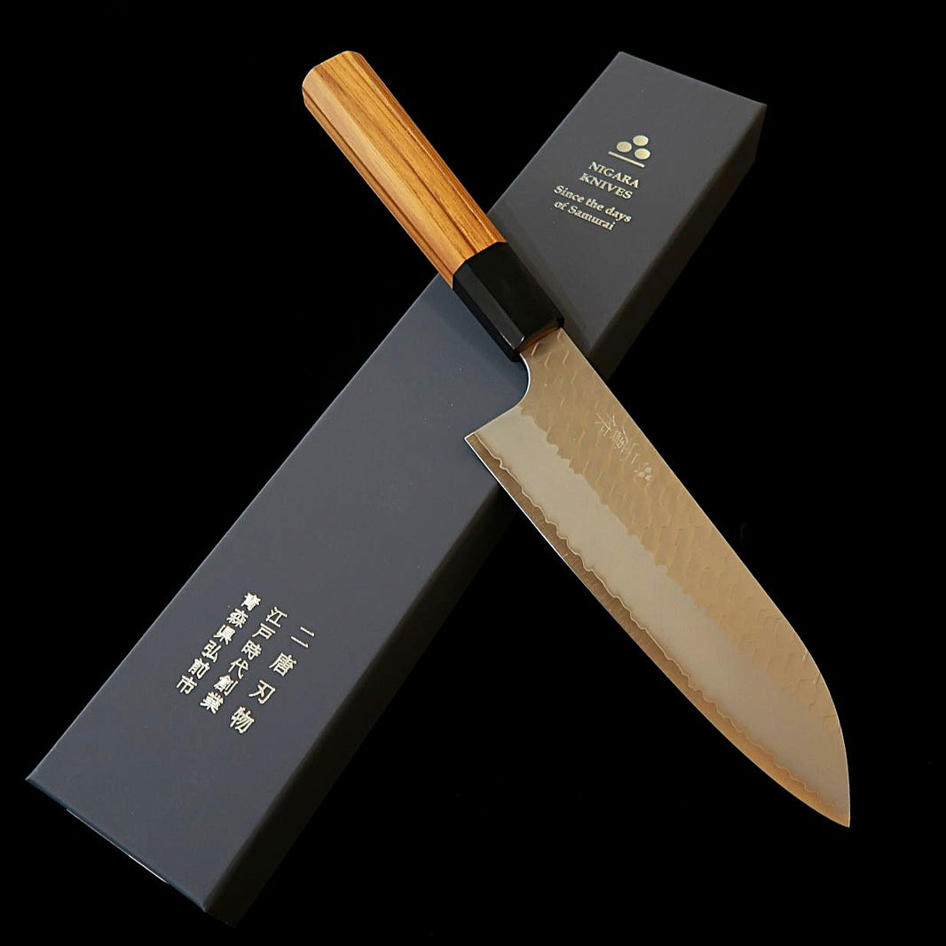NIGARA Nitōra Hamono SG2 Polido martelado Santoku Cabo octogonal em teca (180 mm)