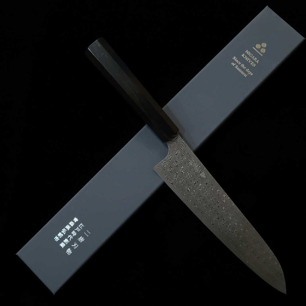 NIGARA NITOU Hamono – Gyuto Anmon SG2, cabo octogonal integral em ébano (210/240 mm)