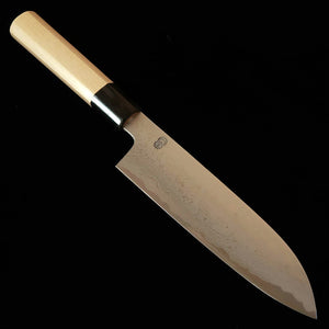 SAKAI KIKUMORI – série Kikugetsu Uzu, santoku acier bleu n°1, damas, manche octogonal en magnolia (180 mm)