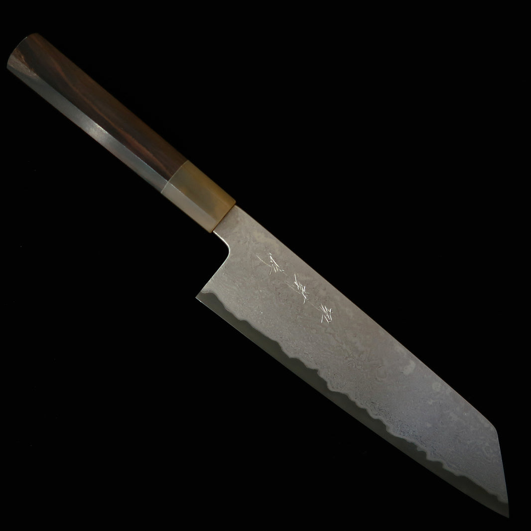Sakai Kikumori SAKAI KIKUMORI Yogiri gyuto kiritsuke, Aogami Super, Damasco, cabo octogonal em ébano com chifre branco (225 mm)