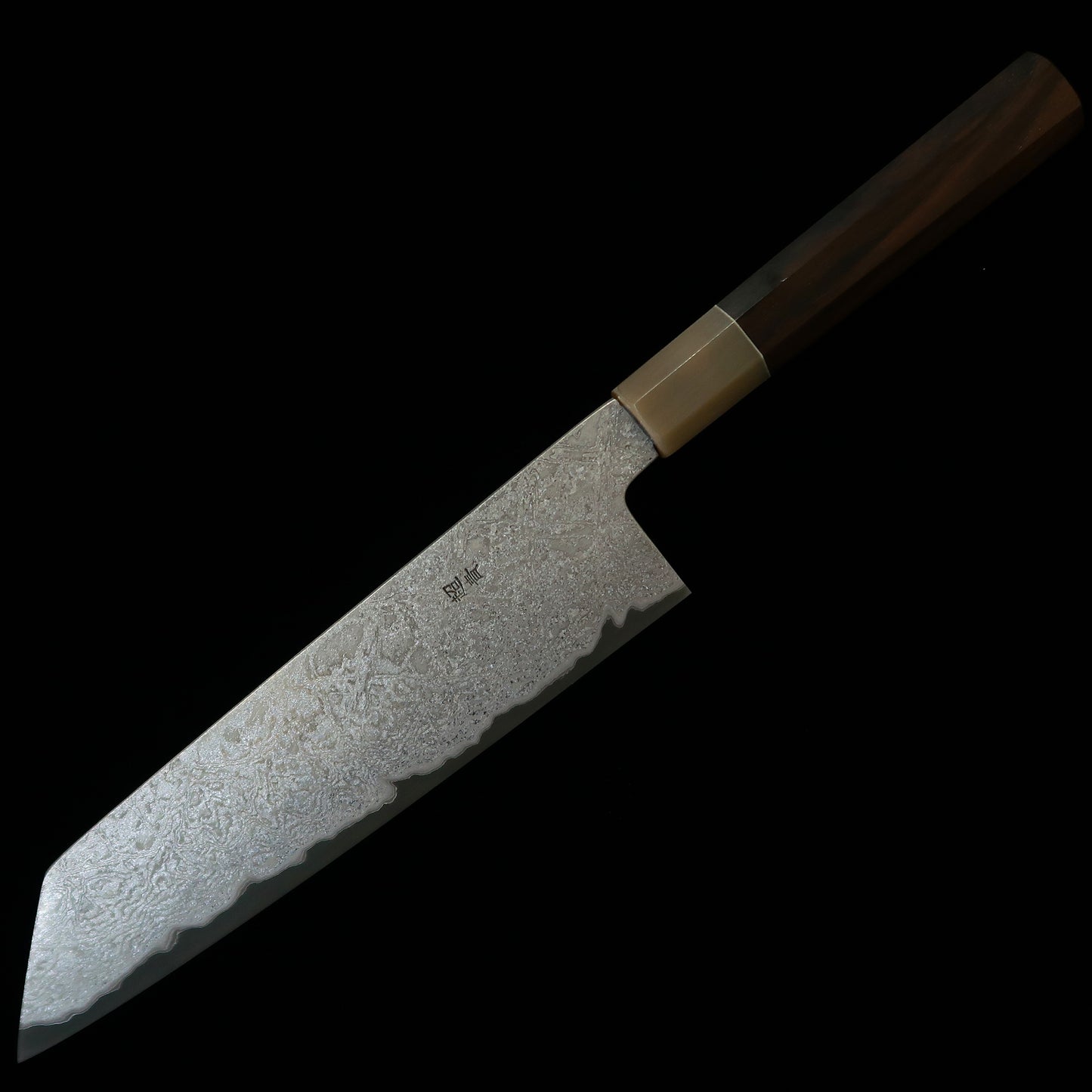 Sakai Kikumori Night Mist Gyuto Knife, Blue Steel Super Damascus, Ebony and White Buffalo Horn Octagonal Handle (225mm)