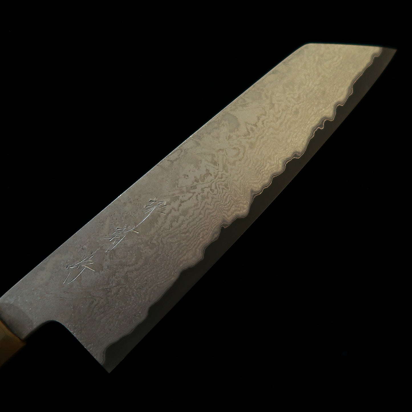Sakai Kikumori Night Mist Gyuto Knife, Blue Steel Super Damascus, Ebony and White Buffalo Horn Octagonal Handle (225mm)