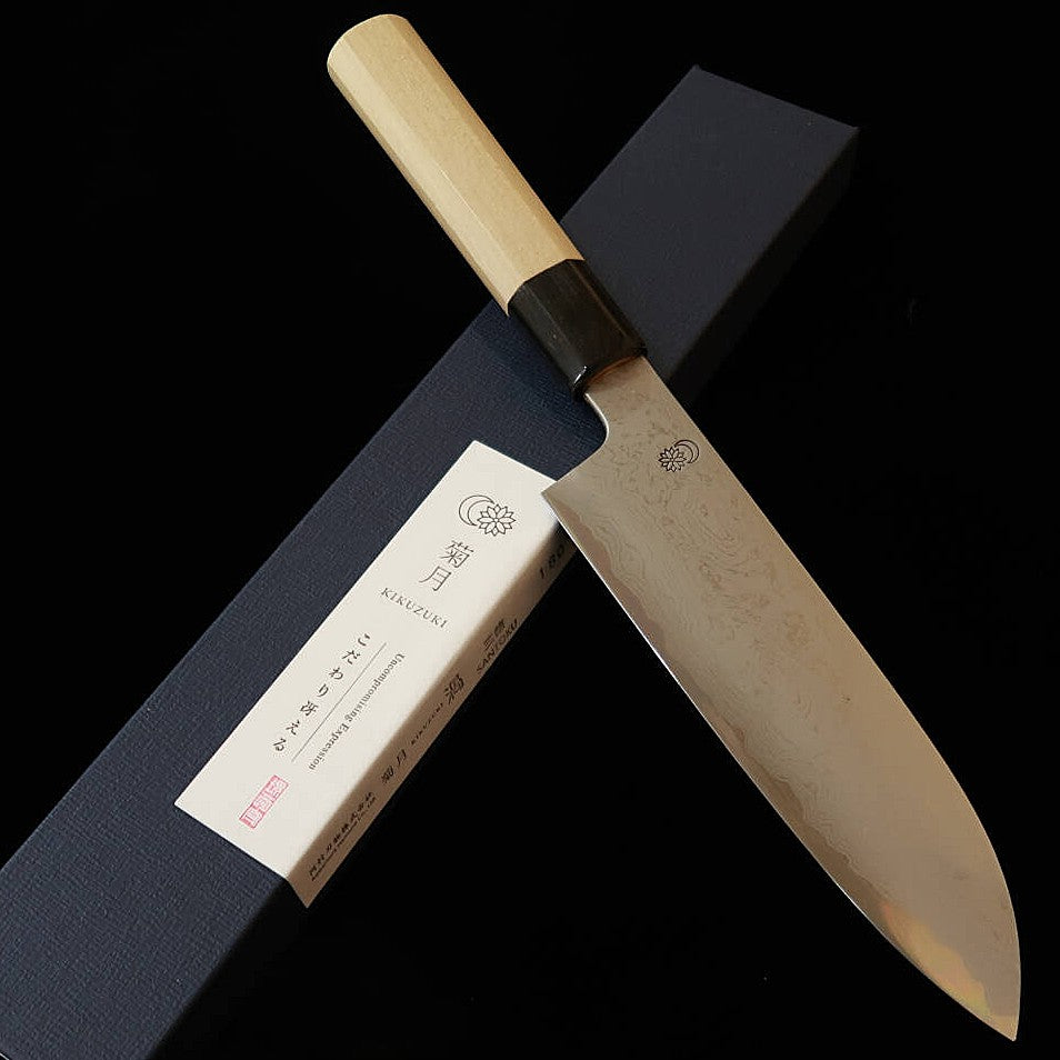 SAKAI KIKUMORI Sakai Kikumori Kizuki Uzu Santoku, aço azul #1, Damasco, cabo octogonal em magnólia (180 mm)
