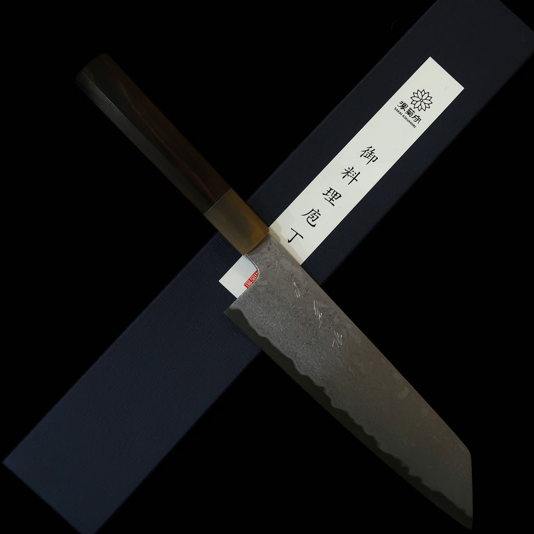 Sakai Kikumori SAKAI KIKUMORI Yogiri gyuto kiritsuke, Aogami Super, Damasco, cabo octogonal em ébano com chifre branco (225 mm)