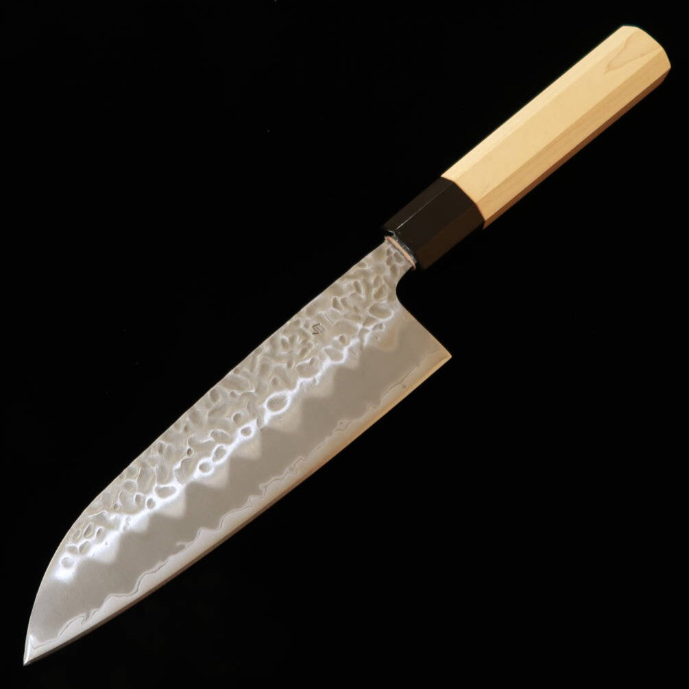 MIURA Santoku, Shirogami No. 1, Matte Hammered Finish with Maple Handle and Water Buffalo Horn Octagonal Ferrule (165mm)