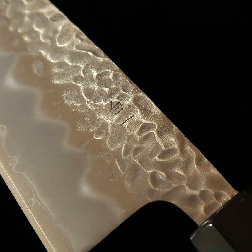 MIURA Santoku, Shirogami No. 1, Matte Hammered Finish with Maple Handle and Water Buffalo Horn Octagonal Ferrule (165mm)