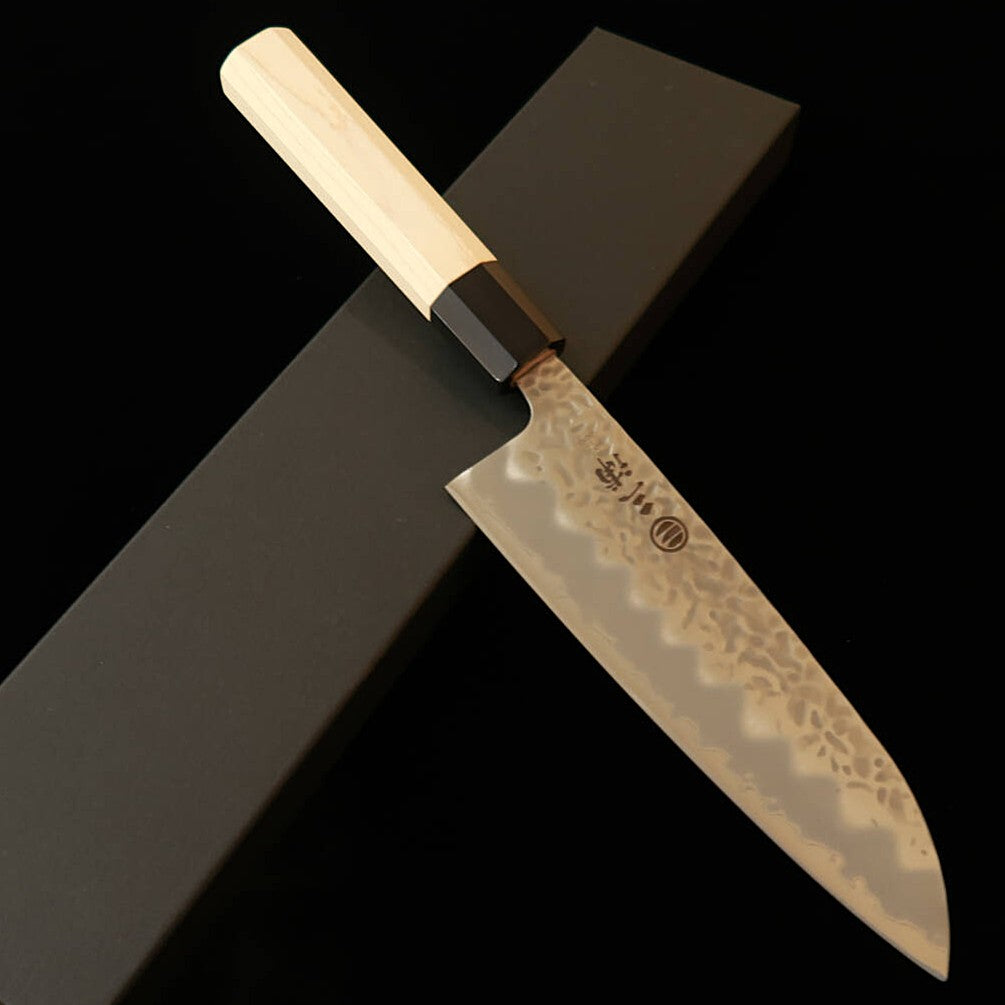 MIURA Santoku, Shirogami No. 1, Matte Hammered Finish with Maple Handle and Water Buffalo Horn Octagonal Ferrule (165mm)