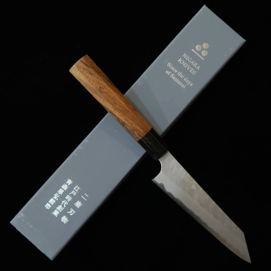 Kiritsuke Petty NIGARA Aogami Super acabado pulido martilleado, mango de teca (95/150 mm)