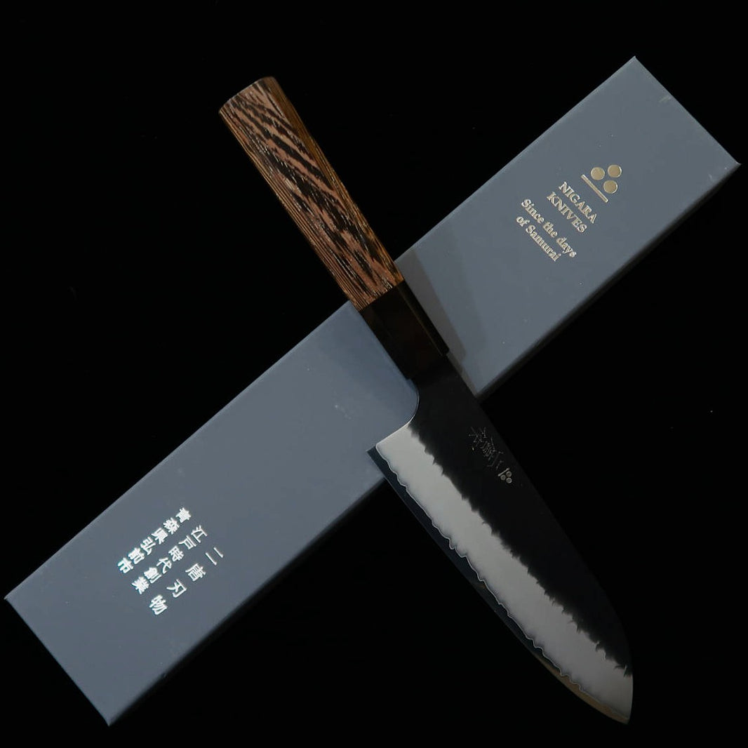 Nigara Cutlery Forging NIGARA Santoku Knife SG2, Hammered Black Finish, Wenge Octagonal Handle (180mm)