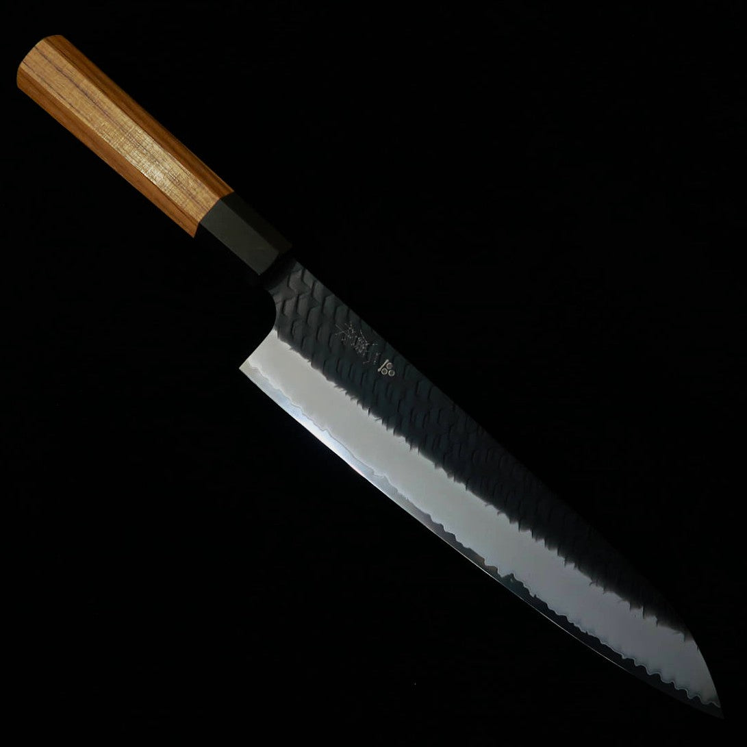 Couteau de chef (Gyuto) Nigara (Nigara Hamono), acier SG2, finition Tsuchime Kurouchi (martelé et forgé brut), manche octogonal en teck (240 mm)