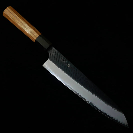 Couteau de chef (Gyuto) Nigara (Nigara Hamono), acier SG2, finition Tsuchime Kurouchi (martelé et forgé brut), manche octogonal en teck (240 mm)
