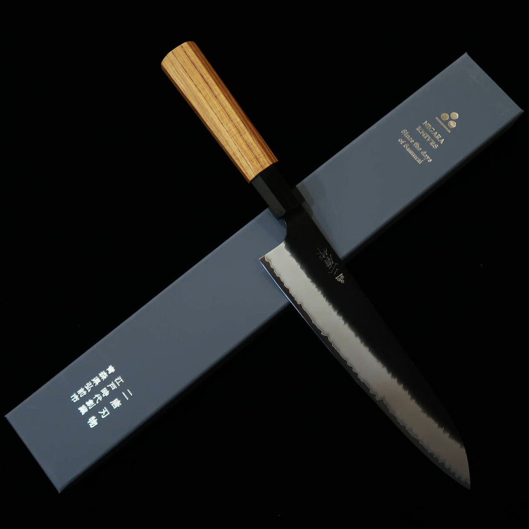 Cuchillo gyuto NIGARA, SG2, acabado negro martillado, mango octogonal de teca (240 mm)