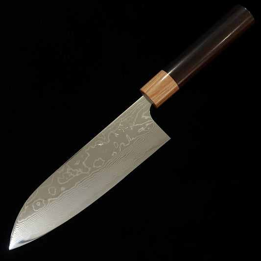 Yuta Katayama VG10 Damasco acabado pulido Santoku mango en forma de castaña de palisandro (170mm)